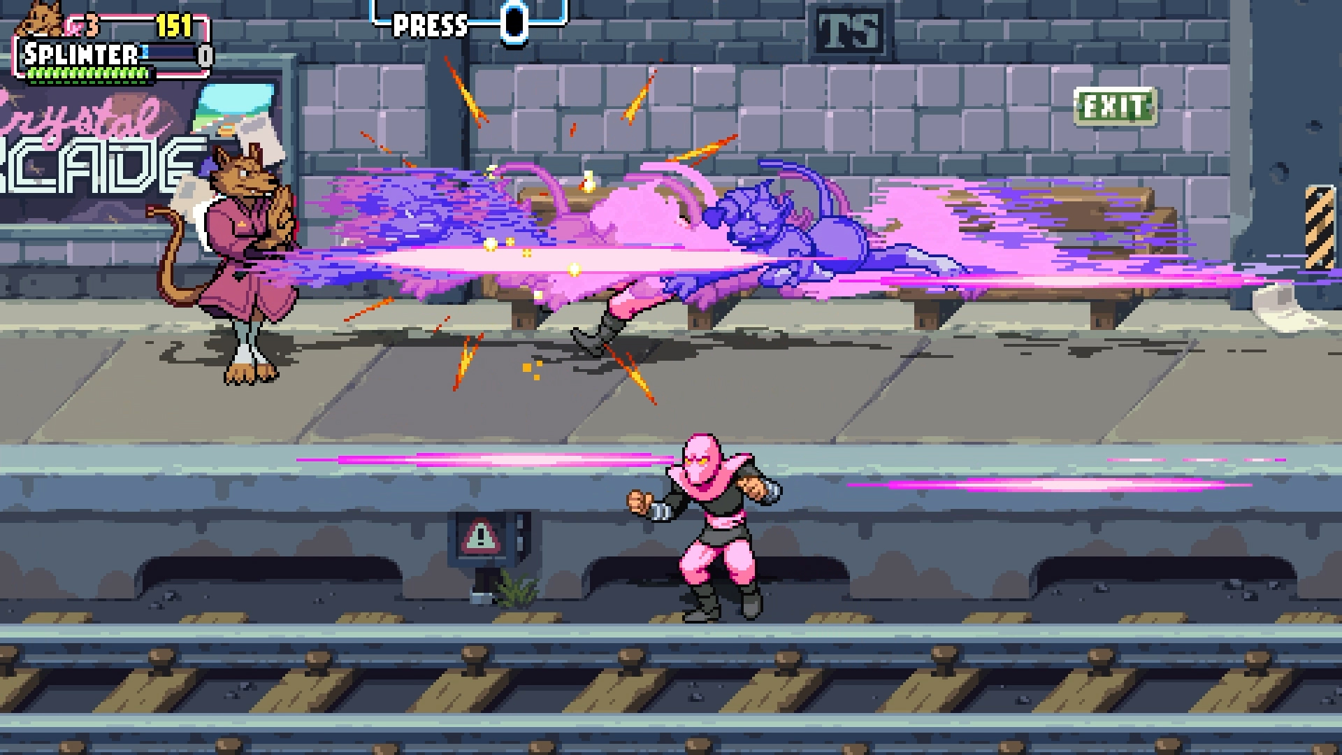 Splinter and a Foot Soldier beside a long purple attack effect on a subway platform