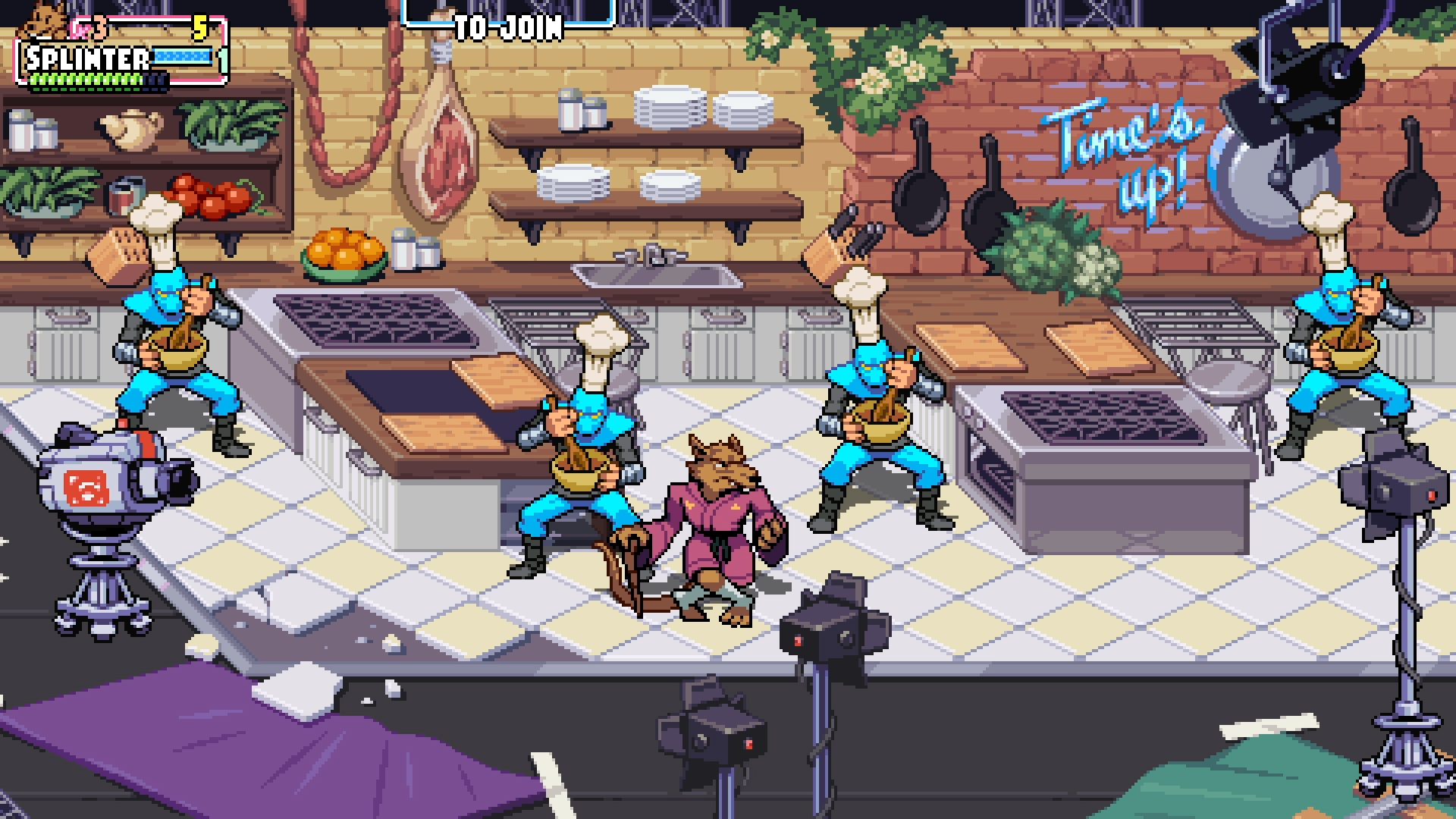 Splinter faces Foot Soldiers preparing food on a television kitchen set