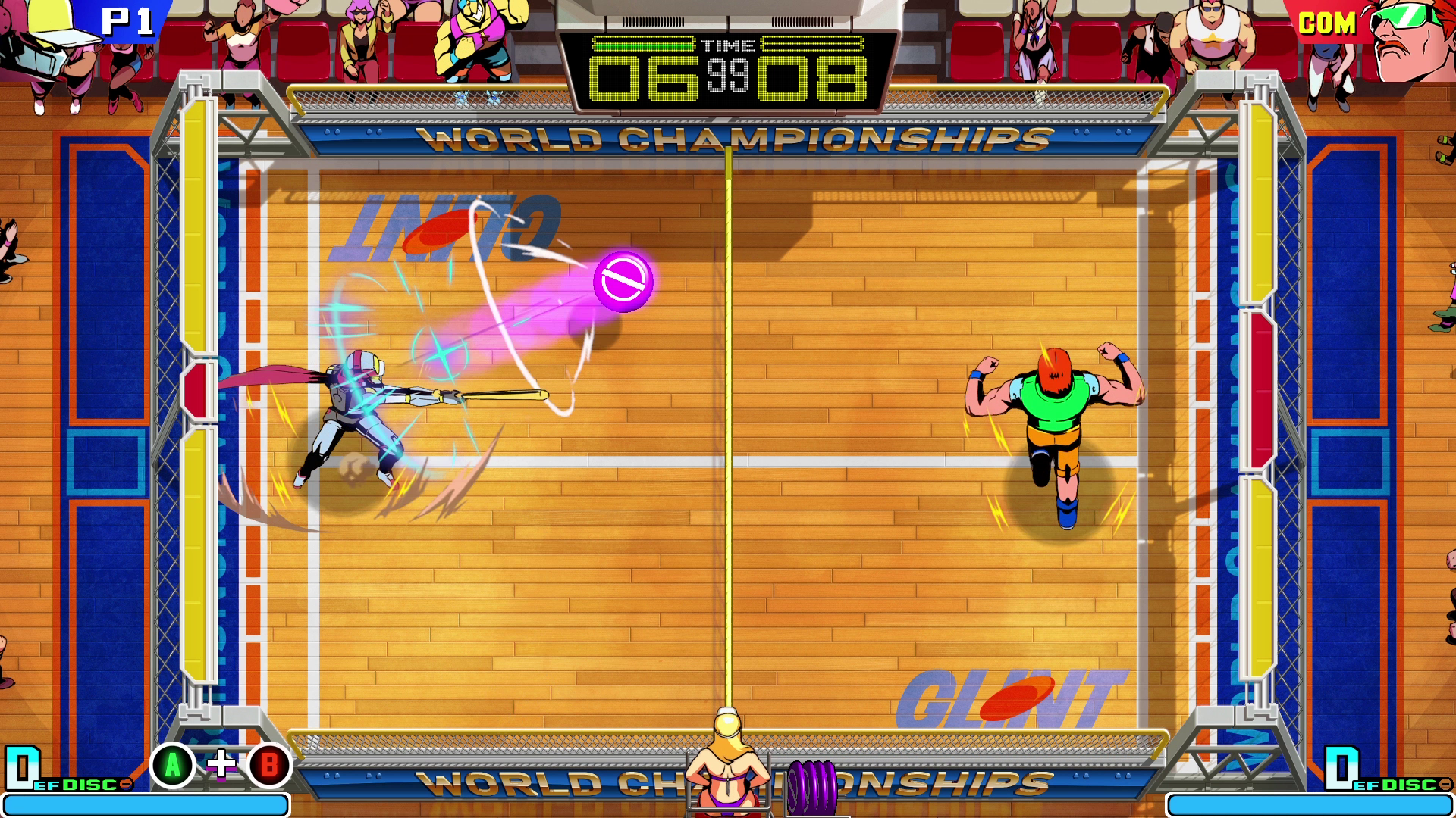 Two athletes exchange a purple disc on a wooden Windjammers 2 court, with meters visible